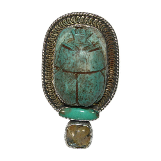 34048 Carved Scarab, Turquoise, Rutilated Quartz Sterling Silver Pin and Pendant