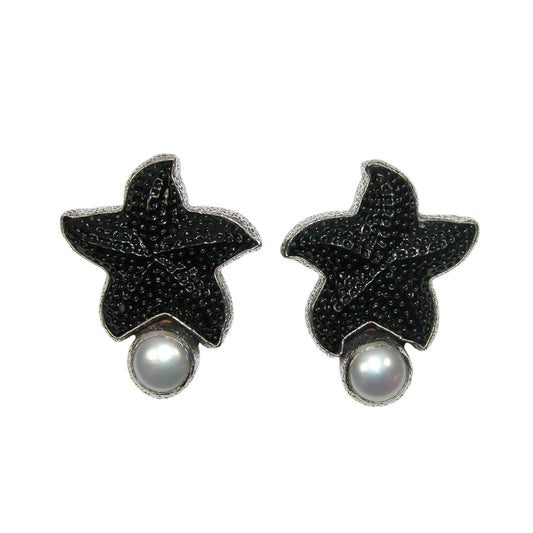 34050 Carved Starfish Freshwater Pearl Sterling Silver Earrings