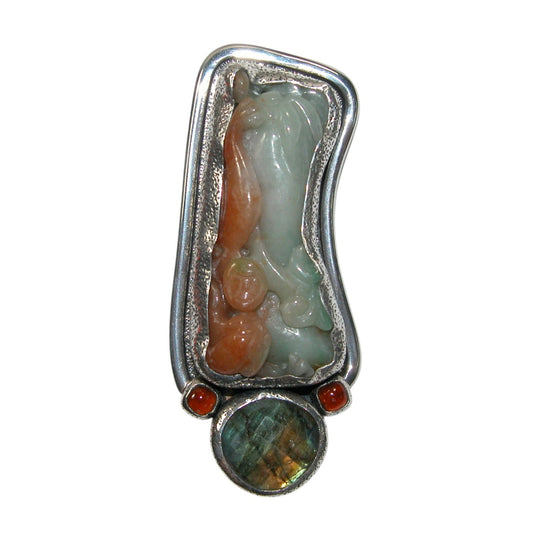 34051 Carved Jade, Labradorite Sterling Silver Pin and Pendant