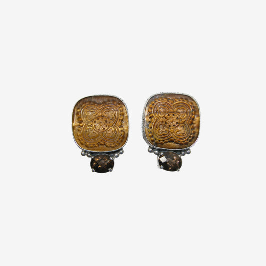 34065 Hand-Carved Tiger's Eye, Whiskey Topaz, Sterling Silver Earrings