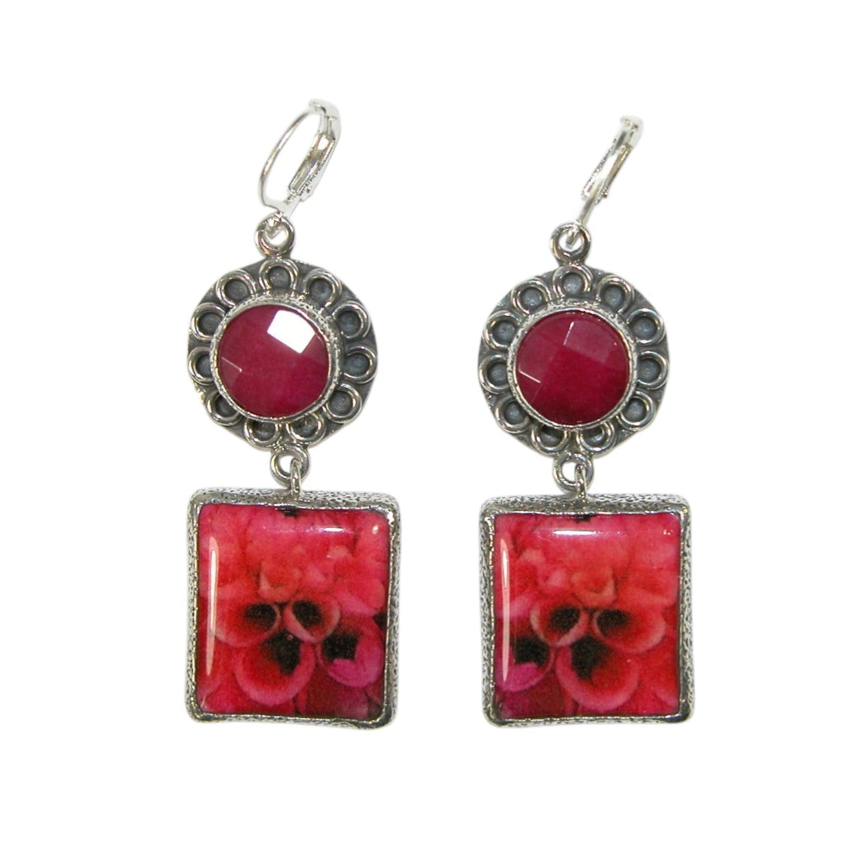 34117L Hand Made Tile, Ruby Sterling Silver Earrings