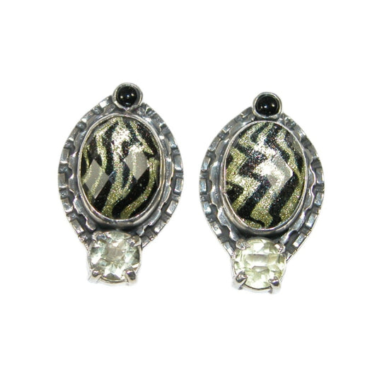 34123 Animal Print Quartz, Onyx, Lemon Citrine Sterling Silver Earrings