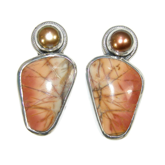 34138A Freshwater Pearl, Jasper Sterling Silver Earrings