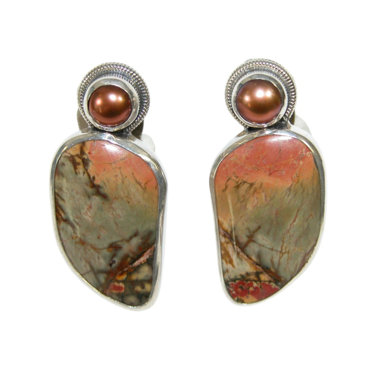 34138B Freshwater Pearl, Jasper Sterling Silver Earrings