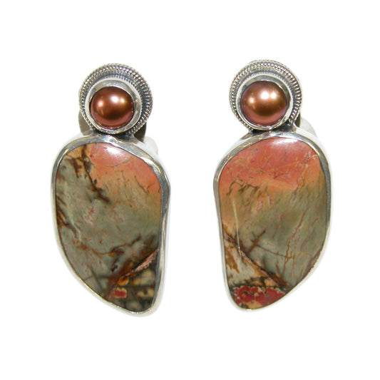 34138B Freshwater Pearl, Jasper Sterling Silver Earrings