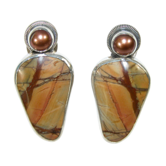 34138C Freshwater Pearl, Jasper Sterling Silver Earrings