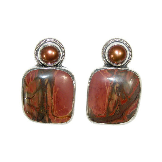 34138D Freshwater Pearl, Jasper Sterling Silver Earrings