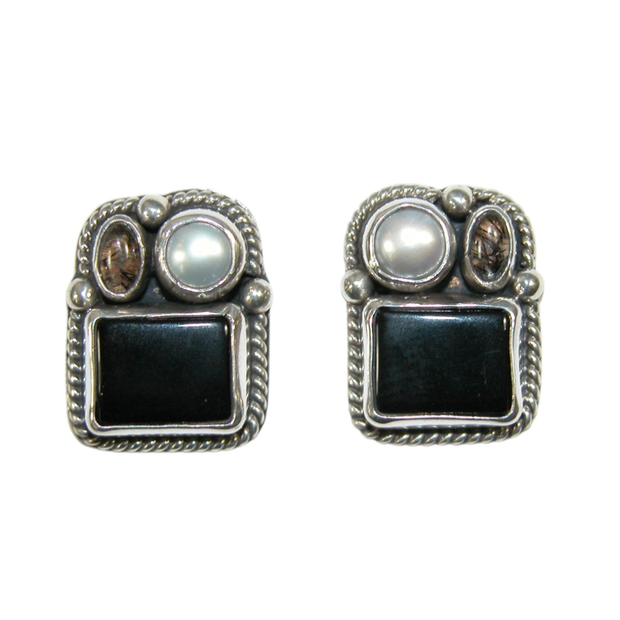 34147A Onyx, Pearl Sterling Silver Earrings
