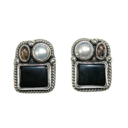 34147A Onyx, Pearl Sterling Silver Earrings