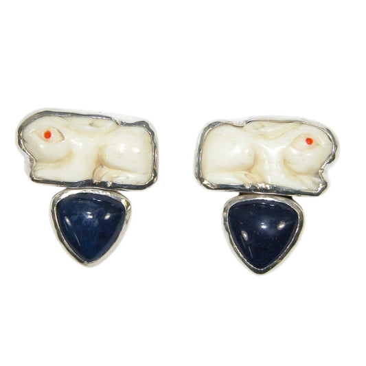34151 Carved Rabbit, Blue Lapis Sterling Silver Earrings