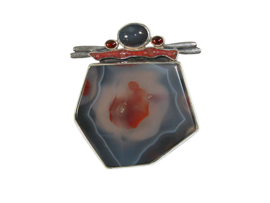 34159 Agate Coral Sterling Silver Pin and Pendant