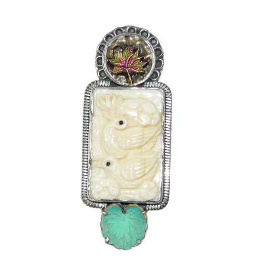 34161 Carved Bone, Lotus Hand Enameling Sterling Silver Pin and Pendant