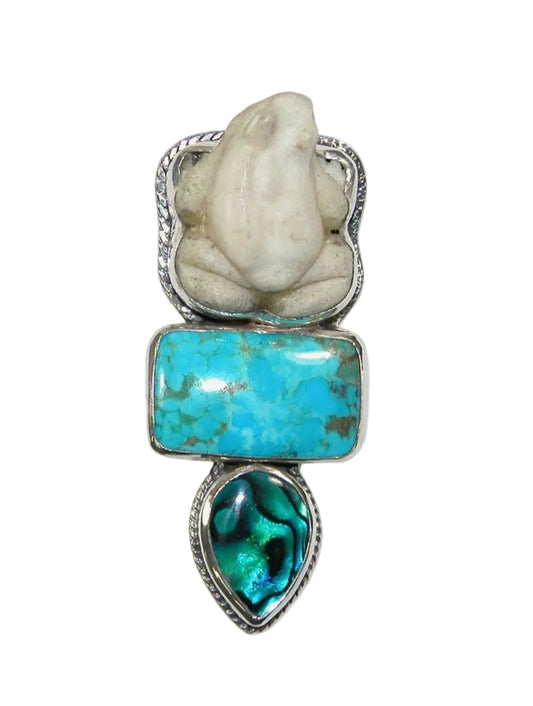 34162 Hand-Carved, Naturally Shed Antler Frog, Turquoise Pin / Pendant