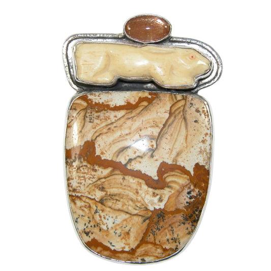 34165 Carved Bunny, Jasper Sterling Silver Pin and Pendant