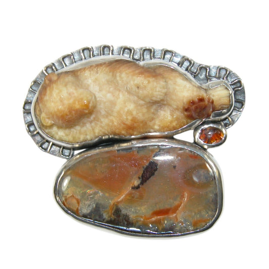34166 Carved Bear, Boulder Opal Sterling Silver Pin and Pendant