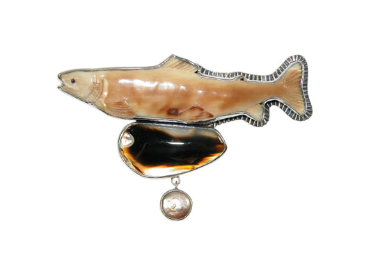 34167 Carved Fossil, Agate Sterling Silver Pin and Pendant