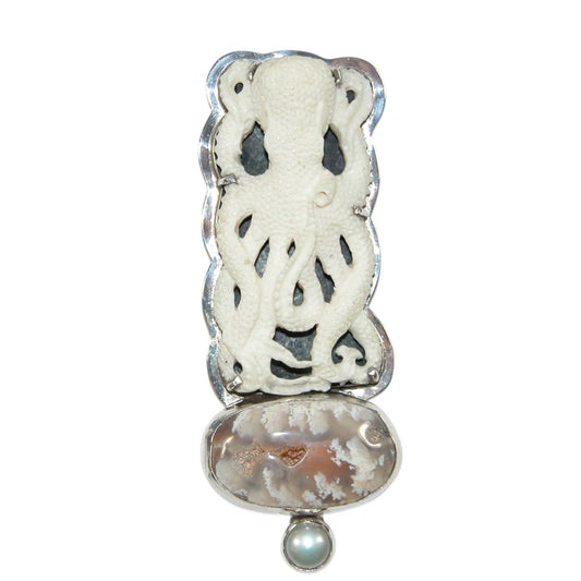 34177 Carved Naturally Shed Antler Octopus, Agate, Freshwater Pearl Sterling Silver Pin and Pendant