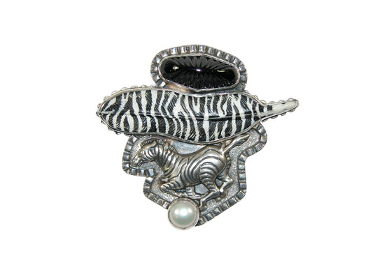 34178 Onyx, Pearl, Feather, Zebra Sterling Silver Pin and Pendant