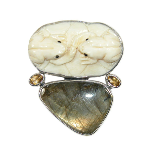 34180A Carved Bone Frogs, Labradorite, Citrine Sterling Silver Pin and Pendant