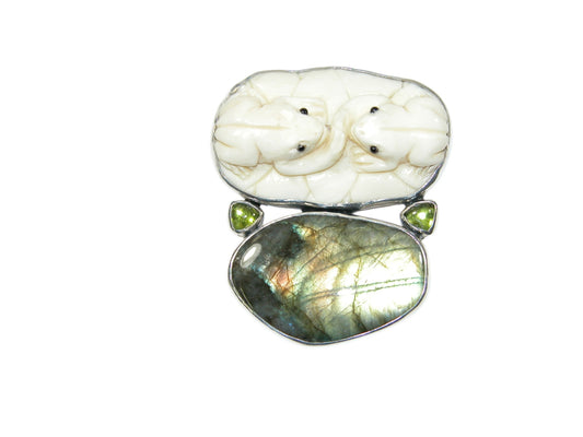 34180B Frog Carved Bone, Labradorite, Sterling Silver Pin and Pendant