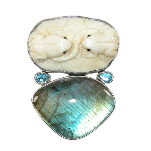 34180 Carved Bone Frogs, Labradorite, Blue Topaz Sterling Silver Pin and Pendant