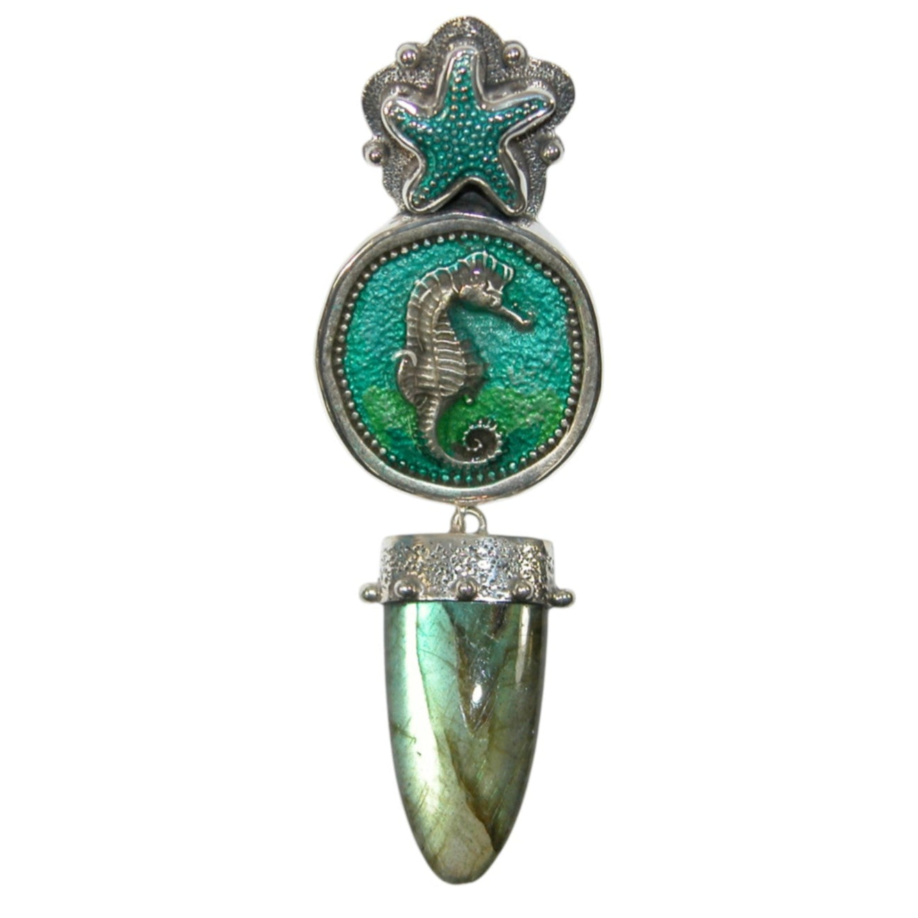 34187 Labradorite, Hand Enamel Seahorse Sterling Silver Pin and Pendant