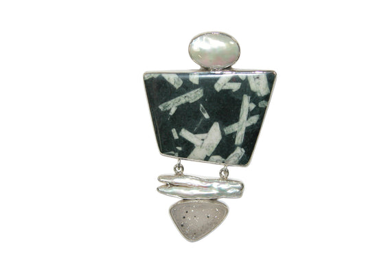 34190 Mother of Pearl, Drusy, Sterling Silver Pin and Pendant