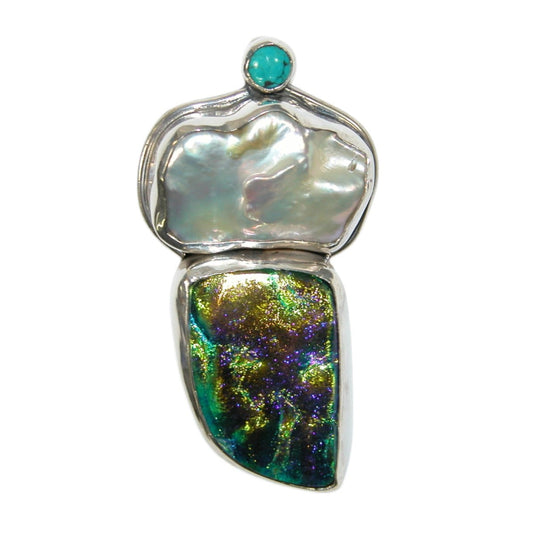 34195 Freshwater Pearl, Glass, Turquoise Sterling Silver Pin and Pendant