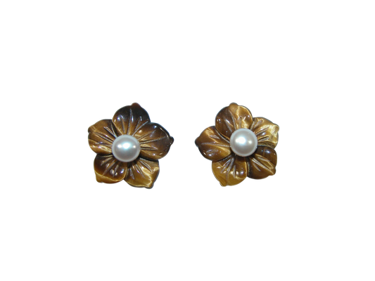34211 Carved Flower Tiger Eye, Freshwater Pearl, Sterling Silver Earrings