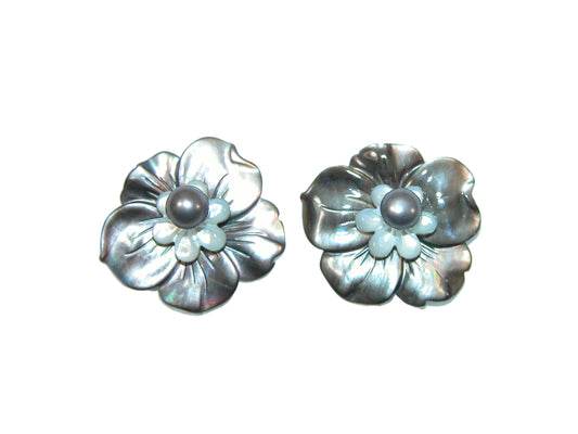34212 Carved Flower Mabe, Freshwater Pearl, Sterling Silver Earrings