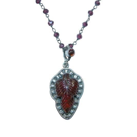 34218 Carved Hessonite, Garnet Beaded Sterling Silver Necklace