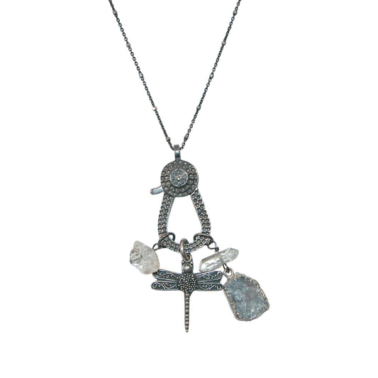 34219 Quartz, Drusy, Hook with Dragonfly Charm Sterling Silver Necklace