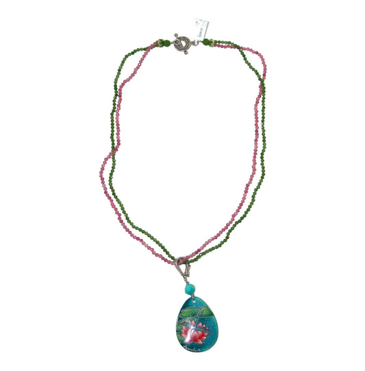 34242 Hand Painted Lotus Pink Tourmaline, Turquoise Sterling Silver Necklace