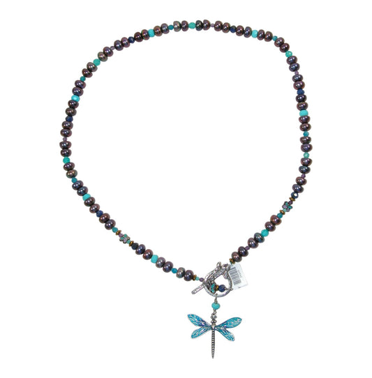 34245 Turquoise, Freshwater Pearl, Hand Enameling Sterling Silver Necklace