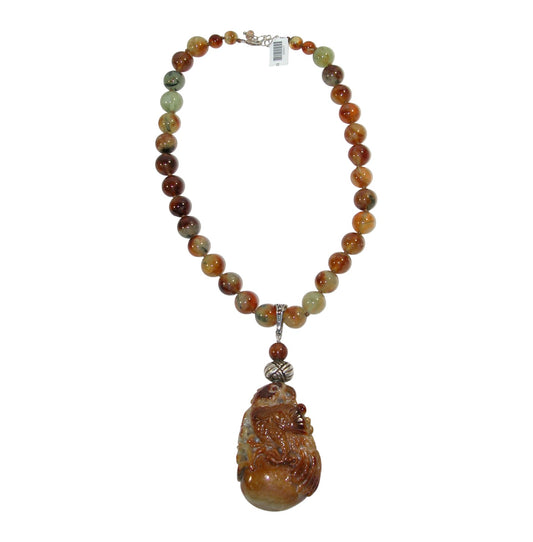34247 Carved Jade Parrot Pendant Beaded Sterling Silver Necklace