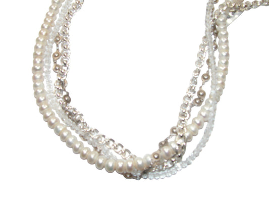 34253 Pearl, Crystal Multi Strand Sterling Silver Necklace