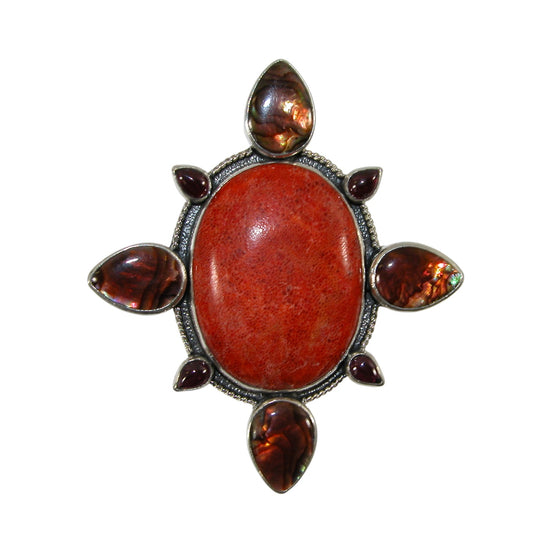 34317 Apple Coral, Abalone, Garnet Sterling Silver Pin and Pendant