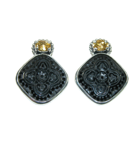 34341 Carved Black Agate, Citrine, Sterling Silver Earrings