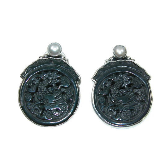 34345 Carved Black Agate, Freshwater Pearl, Sterling Silver Earrings