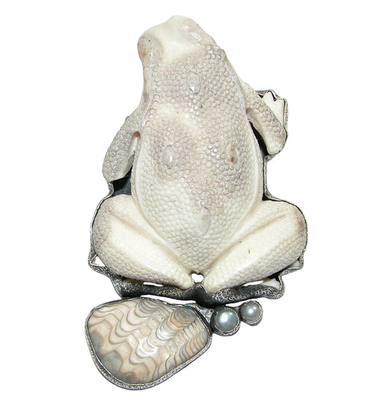 34352 Carved Fallen Antler Frog Pearl Sterling Silver Pin and pendant