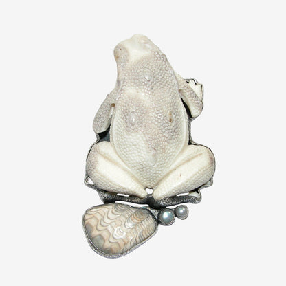 34352 Hand-Carved Antler Frog, Petrified Shell Pin / Pendant