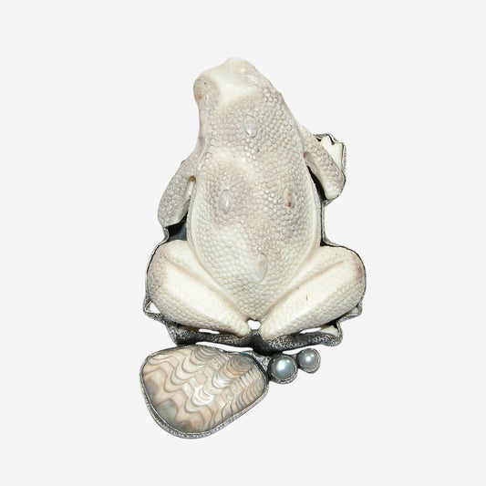 34352 Hand-Carved Antler Frog, Petrified Shell Pin / Pendant