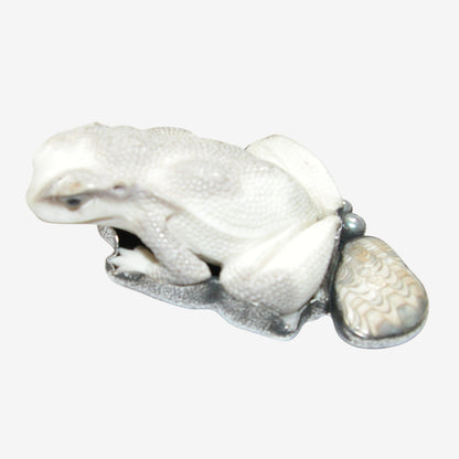 34352 Hand-Carved Antler Frog, Petrified Shell Pin / Pendant