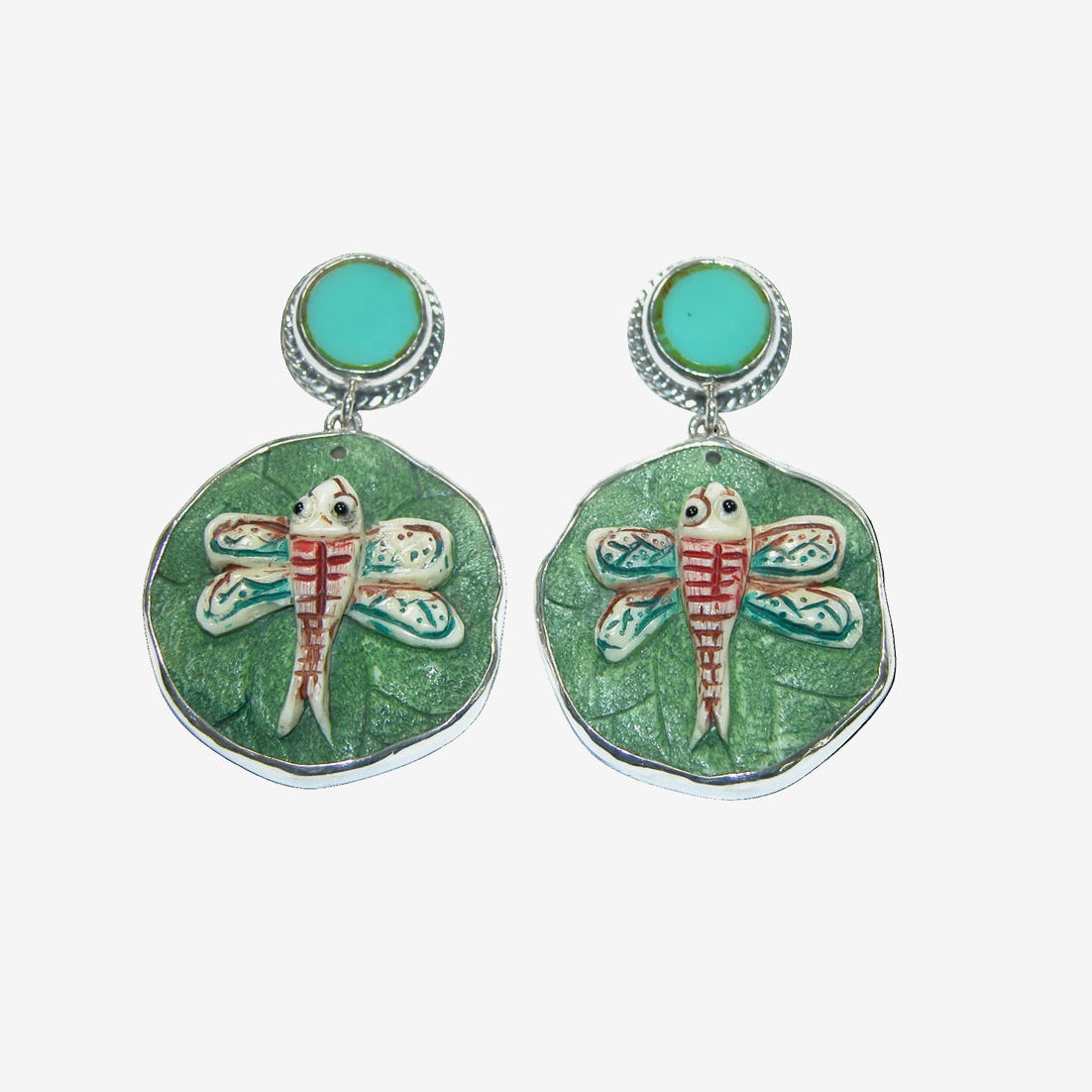 34369 Hand-Carved Scrimshaw Dragonfly Earrings