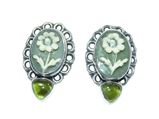 34371 Carved Green Floral Cameo Peridot Sterling Silver Earring