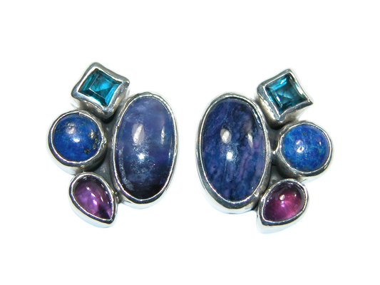 34379 Sugilite Lapis Amethyst Cluster Sterling Silver Earring