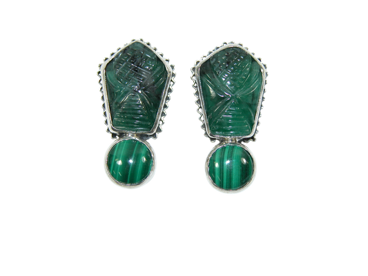 34384A Carved Emerald Malachite Sterling Silver Earring