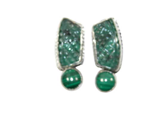 34384 Carved Emerald Malachite Sterling Silver Earring