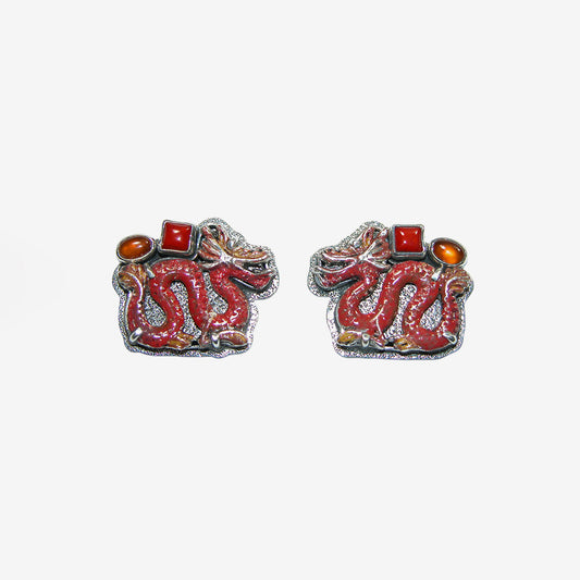 34385 Enameled Red Dragon Coral Hessonite Sterling Silver Earring