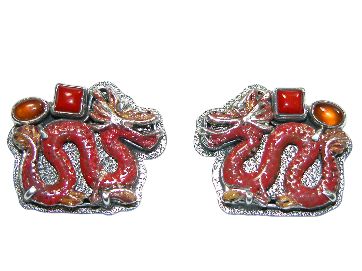 34385 Enameled Red Dragon Coral Hessonite Sterling Silver Earring